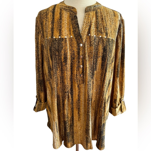 Cocomo Tops - COCOMO XL Yellow Black 3/4 sleeve women’s Pintuck Blouse top shirt tunic
